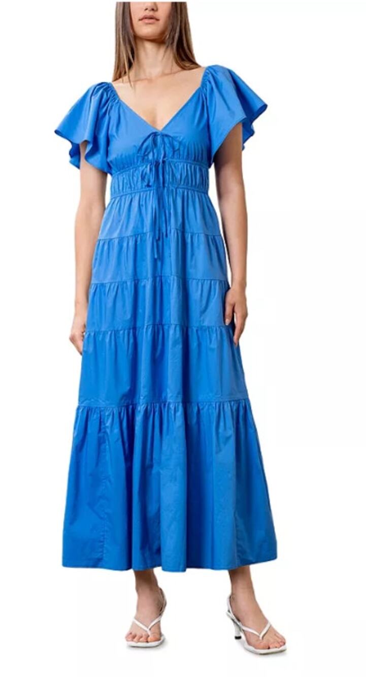 MOON RIVER WOMENS SIZE XSMALL V-NECK COTTON TIERED MIDI DRESS BLUE NEW
